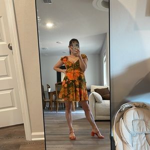 Orange and Green aline mini dress with elastic back and cap sleeves